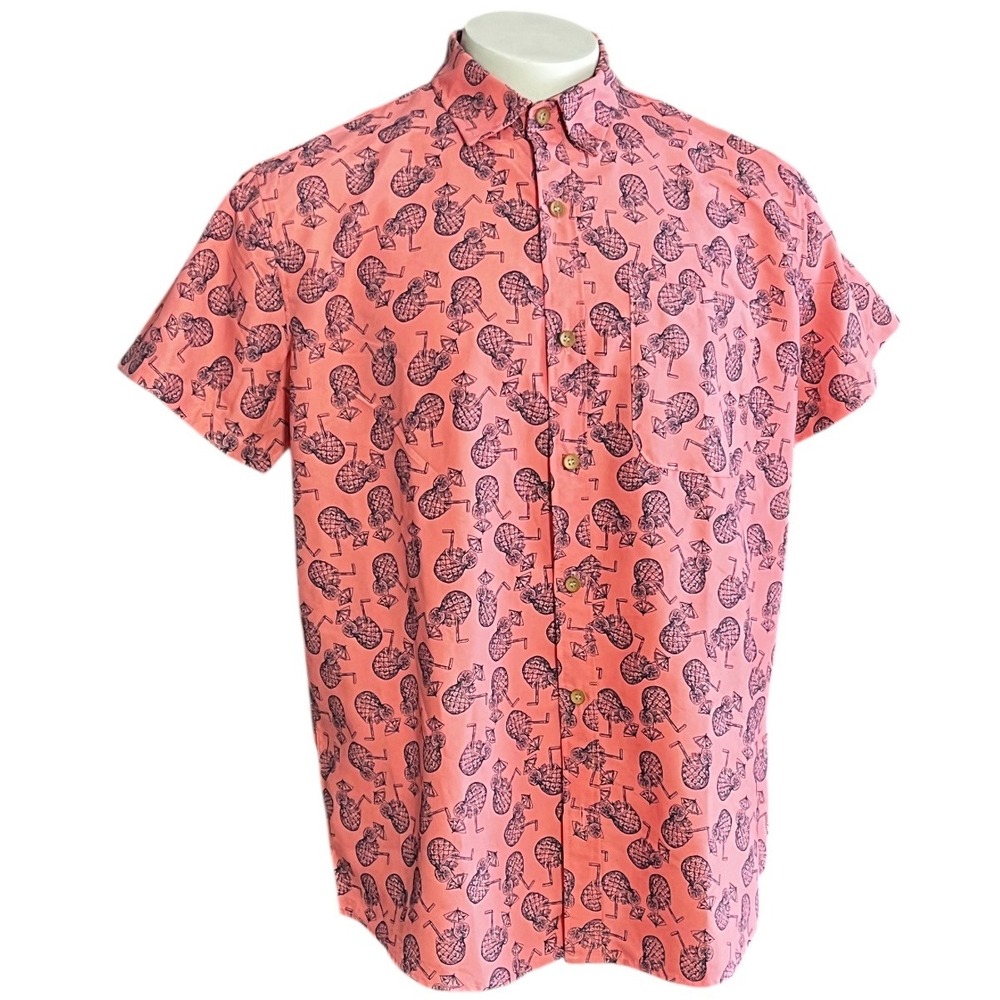 Rainforest Cafe Mens XL‎ Pink Short Sleeve Button Up Shirt Pineapple Drink Print